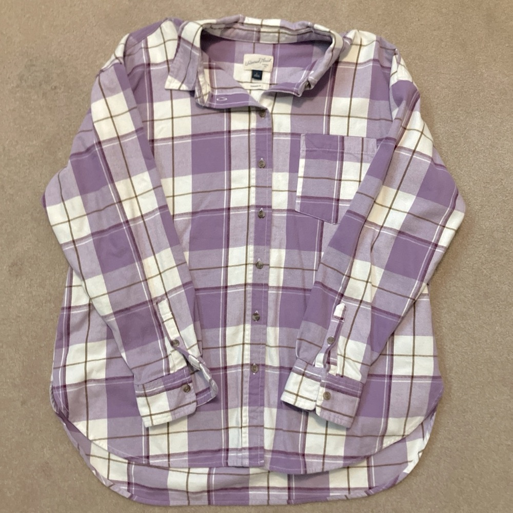 Universal thread purple and white plaid button up flannel size L (fits big)
